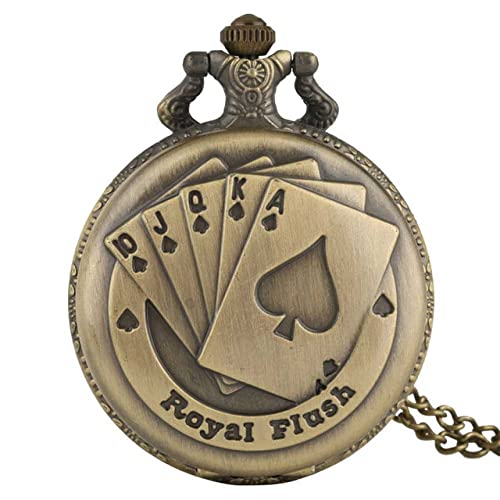 Jam Tangan Saku Perunggu Pola Poker Royal Flush Kalung Jam Saku Hadiah Jam Tangan Antik Pria Wanita, Bronze 80 cm Kette