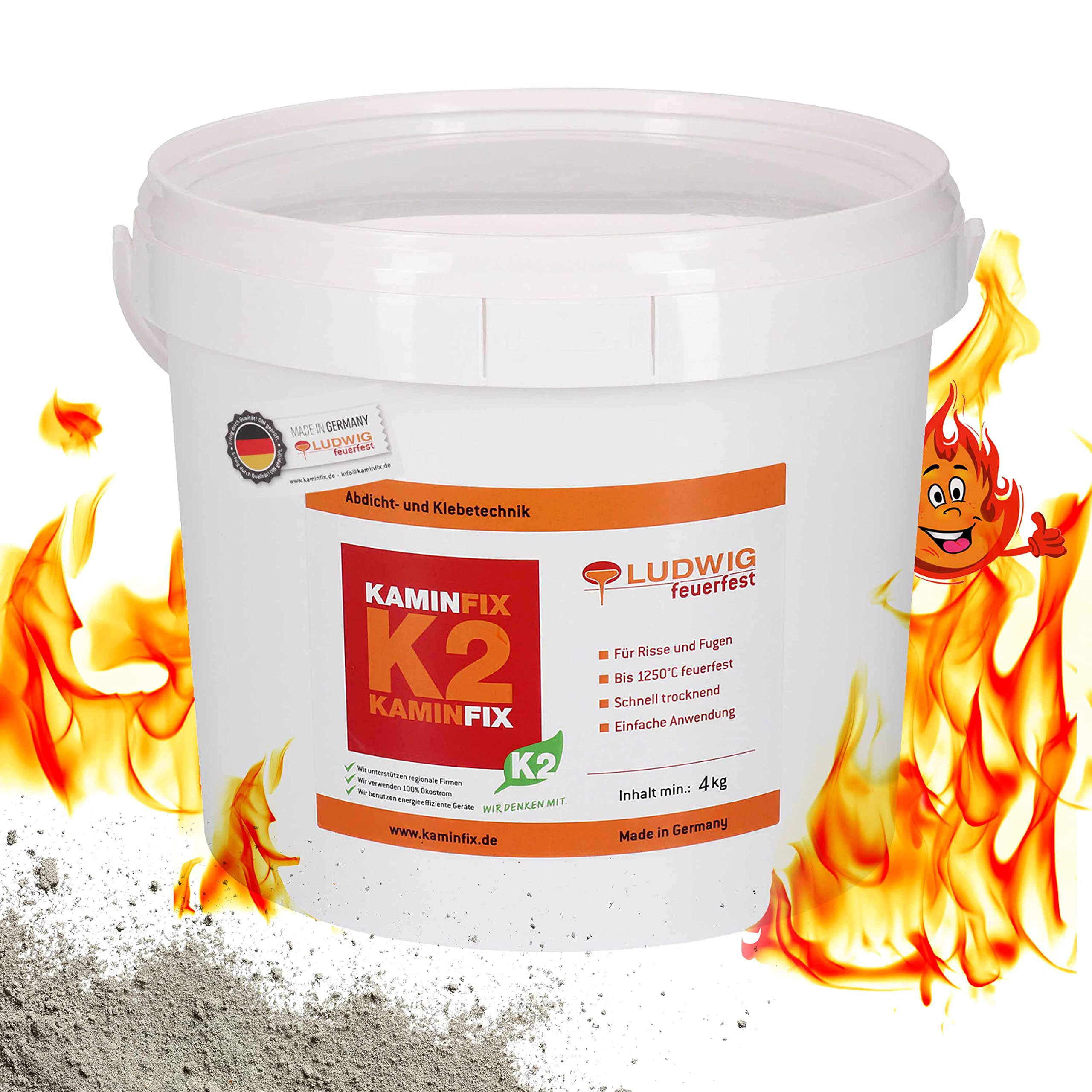 Schamottemörtel Made in Germany für die einfache und schnelle Reparatur. Ofen und Kaminmörtel Feuerfester Mörtel Feuerbeton Kaminfix K2 (4kg Eimer)