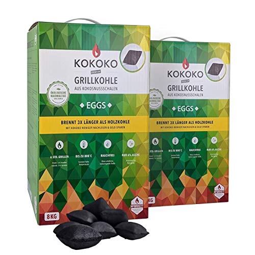 Set: 2 x 8 kg KOKOKO EGGS Premium Grillkohle, 16 kg Bio Kokos Grillbriketts