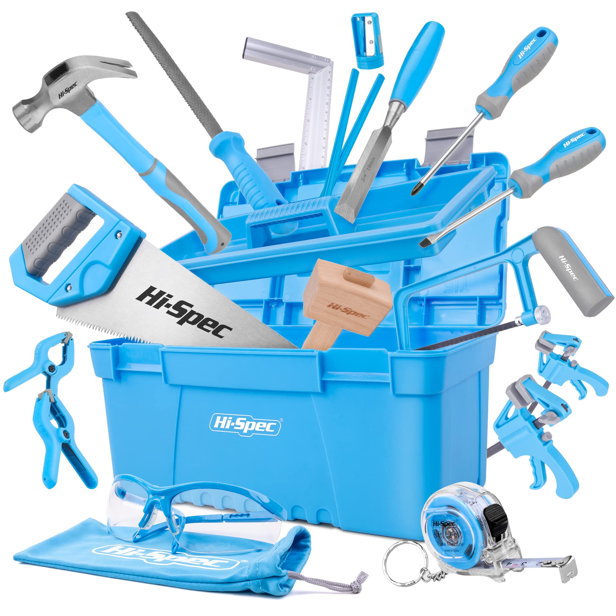 Hi-Spec 25 tlg. Werkzeug-set für Anfänger mit Werkzeugkasten, Holzschnitzwerkzeug, Holzmeißel und Holzhammer, Handsäge, Bügelsäge und mehr für Kinder und junge Tischler
