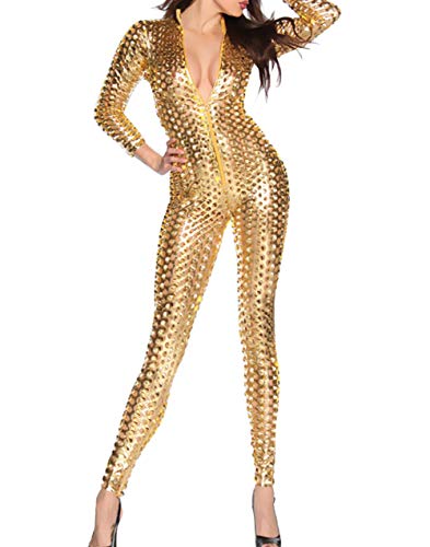 Panegy Hauteng Catsuit Einteiler Ledersuit Kostüm für Damen Overall mit Reißverschluss - Gold Größe XXXL