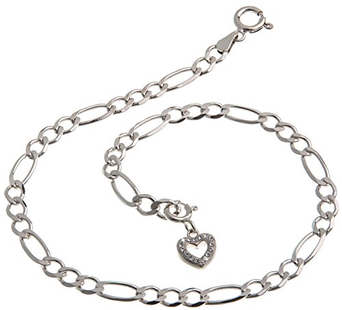 Fußkette Silber (Figarokette) mit Anhänger Herz weiß - 4,5mm Breite, Länge wählbar 23cm-30cm - echt 925 Silber