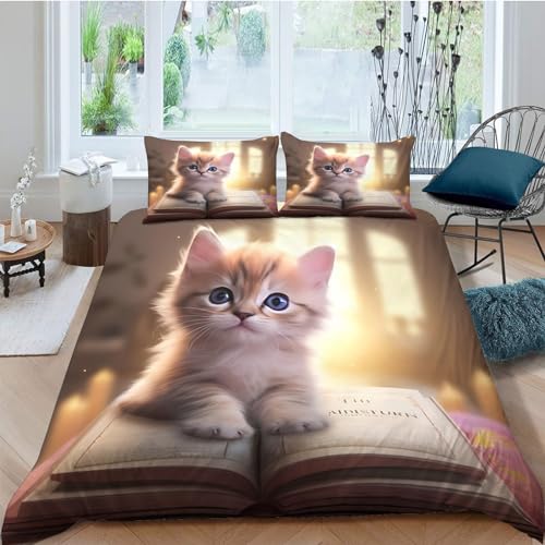 MAQUE Katze BettwäSche Set Buch BettwäSche 220x240 Microfaser Atmungsaktiv Leicht, Bettbezug 220x240 mit ReißVerschluss und 2 Kissenbezug 80x80