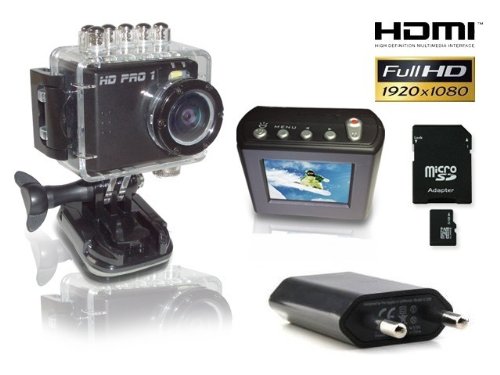 HDPRO 1 Action Cam (5 Megapixel, 3,8 cm (1,5 Zoll) LCD-Display, Full HD) inkl. Class 10 SDHC 32GB Speicherkarte und 1x USB-Ladenetzteil schwarz