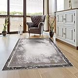 carpet city Teppich Bordüre Wohnzimmer - 80x150 cm Grau Golden Meliert - Moderne Teppiche Kurzflor