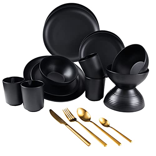 Camping Geschirr Set aus Melamin schwarz für 4 Personen mit Besteck in gold- 32 Teile - Campinggeschirr und Besteckset