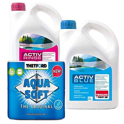 Set Thetford Activ Blue & Aktiv Rinse Toiletten Zusatz je 2 Liter, wahlweise mit Toilettenpapier (Blue + Rinse + Aqua Soft)
