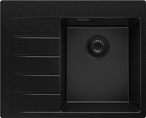 Spülbecken Alles Schwarz 62x50 cm, Granitspüle + Ablauf-Set Schwarz, Küchenspüle für 40er Unterschrank, Einbauspüle von Primagran