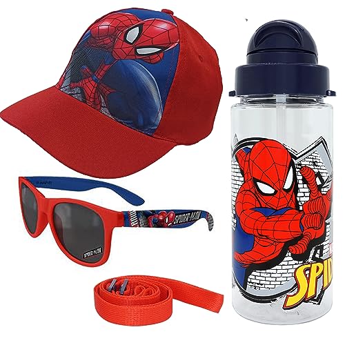 Kinder Schule Sommer Caps, Wasserflasche und Sonnenbrille, (Spiderman Rot), 3-7 Jahre