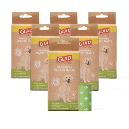 GLAD for Pets Kompostierbare Kotbeutel, extra groß, 120 Stück, 6 Stück, nachhaltige Hundekotbeutel aus Maisstärke, zertifiziert für Zuhause und industriell kompostierbare Kotbeutel