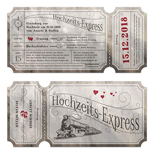 30 x Lasergeschnittene Vintage Hochzeitseinladungen individuell mit Ihrem Inhalt und echtem Abriss - Marmor Zugticket Hochzeitsexpress