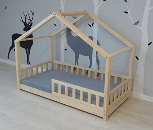 Best For Kids Kinderbett Hausbett Kinderhaus mit Rausfallschutz Jugendbett Natur 90x190 mit 10cm Matratze