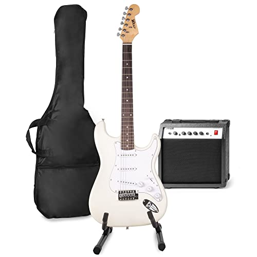MAX GigKit E-Gitarre Set - Gitarrenverstärker 40 Watt, Gitarrenständer, Gitarrentasche, Stimmgerät, Instrumentenkabel, Gurt und Zubehör - Weiß