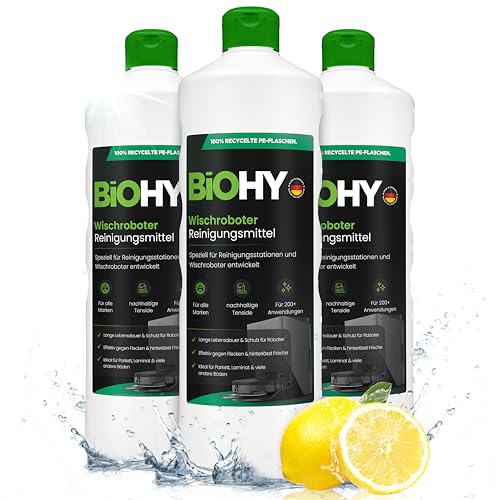 BiOHY Wischroboter Reinigungsmittel (3 x 1 Liter) | Speziell für Reinigungsstationen entwickelt | Verlängert die Lebensdauer der Absaugstation | Schaumarmes Bodenreiniger Konzentrat