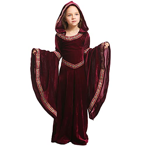 Feynman Kinder Mädchen Mittelalter Kostüm mittelalterlichen Renaissance Adels Palast Prinzessin Kleid Halloween viktorianischen Königin Kostüm Weinrot S