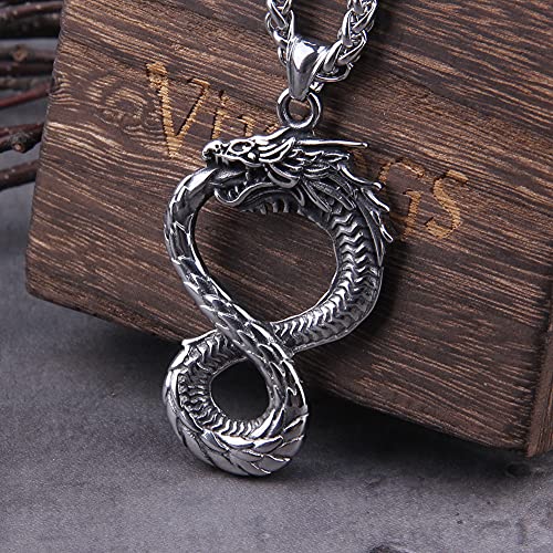 NDYD Nordische Mythologie Männer Drachenschlange Unbegrenzter Selbstfresser Ouroboros Anhänger Halskette Amulett Rune Anhänger Mit Skandinavischer Walhalla Holzkiste Als Freundgeschenk,Silber,50cm