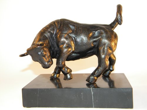 Skulptur Figur Stier Bulle Eisenfigur + Marmorsockel + Bronze - Optik Börse Deko Schreibtischdeko Banker