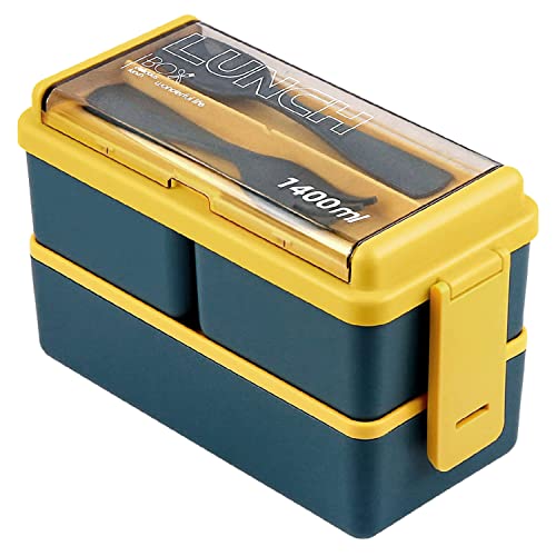 Lychico Lunchbox, 1400 ml, Bento-Box mit Löffel, Gabel, stapelbar, 2-lagig, 3 Fächer, auslaufsicher, japanische Lunchbox, Meal Prep Container Box für Erwachsene, Kinder, Studenten, Büro,