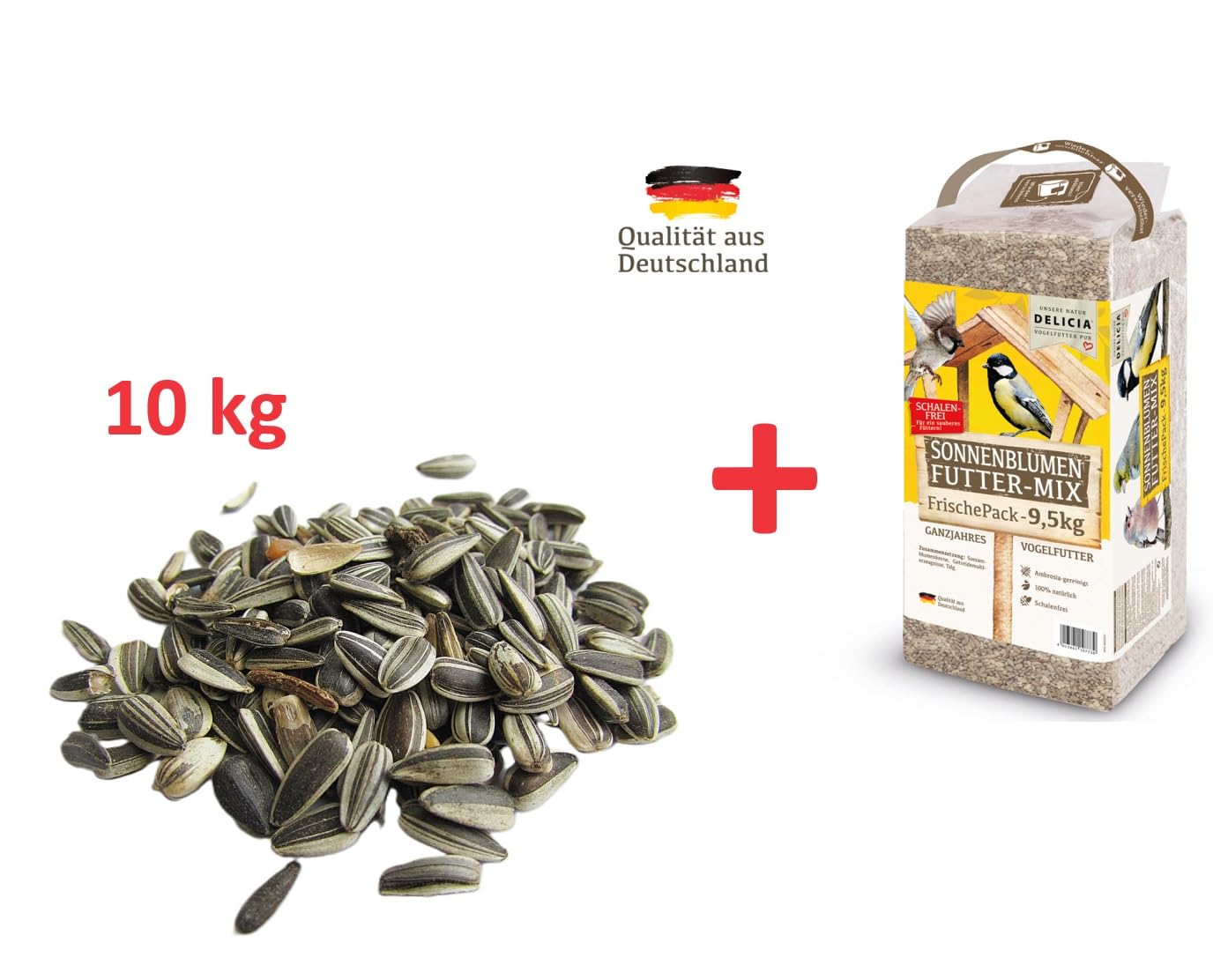 Bundle - gestreifte Sonnenblumenkerne 10kg mit Sonnenblumen Futter-Mix geschält 9,5 kg