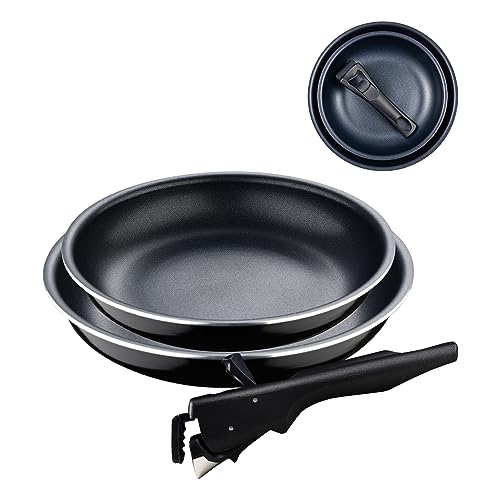 BERGNER Click&Cook Black Edition | Pfannenset 3- teilig 22 und 26 cm + Abnehmbarer Ergonomischer Griff | Gepresstes und Antihaftbeschichtetes Aluminium | Für Alle Herdarten und Backöfen