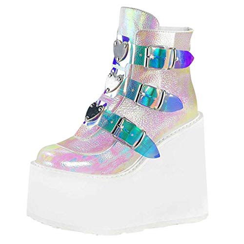 Stiefel Frauen Mode Multicolor Wedge Zip Up Platform Schuhe (38,Weiß)