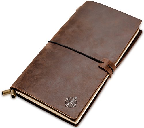Leder Notizbuch - Nachfüllbares Vintage Reisetagebuch aus Echtlede - als Tagebuch, Notebook, Organizer oder Journal zum Selbergestalten - Blanko Papier - 22 x 12cm