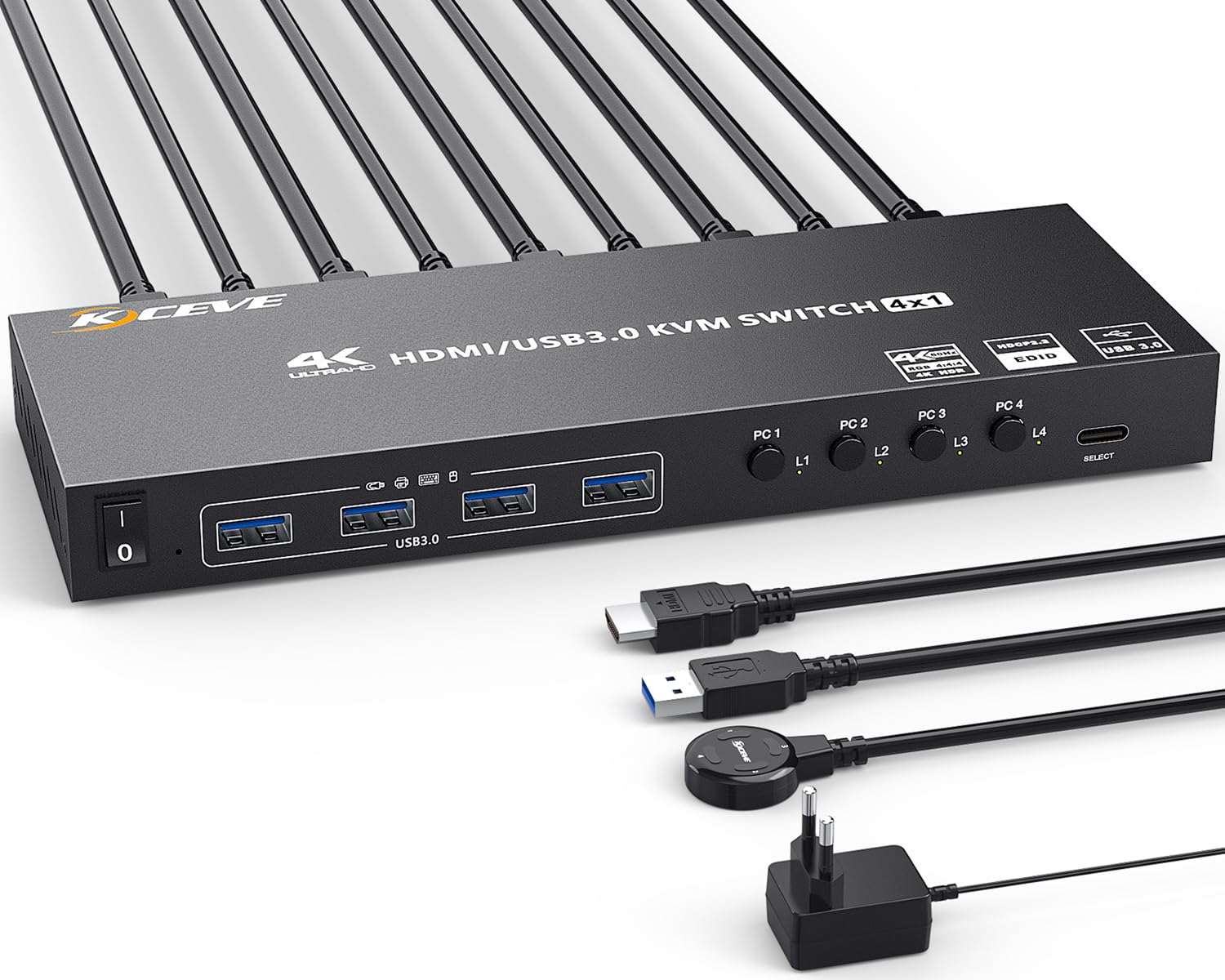 USB 3.0 KVM Switch 4 PC 1 Monitor 4K@60Hz, KVM Switch HDMI Support HDMI2.0,HDCP2.2,EDID Emulator, mit 4 USB 3.0 Ports für 4 PC Teilen 1 Monitor und USB Geräte, mit Desktop-Controller und USB-Kabeln