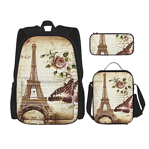 TOMPPY Vintage Paris Eiffelturm Schmetterling bedruckte Rückentasche, Rucksack-Set, 3-teilig, Schultaschen mit Lunchbox und Federmäppchen, Schwarz , Einheitsgröße, Schulranzen-Set