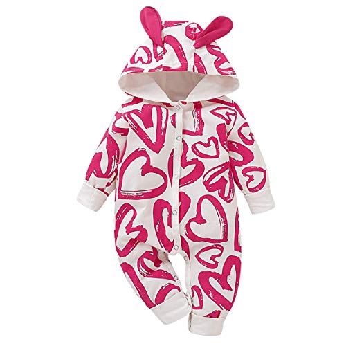 Baby Overall mit Kapuze, süßes Cartoon-Motiv Fuchs/Herz langärmeliger Overall Einteiler Outfit Set für Neugeborene Jungen Mädchen Geschenk