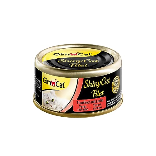 GimCat ShinyCat Filet Thunfisch mit Lachs - Katzenfutter mit saftigem Filet ohne Zuckerzusatz für ausgewachsene Katzen - 24 Dosen (24 x 70 g)