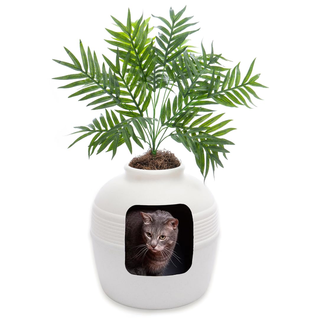 Good Pet Stuff Original versteckte Katzentoilette mit künstlicher Pflanze und geschlossenem Katzenklo, belüftet und mit Geruchsfilter, leicht zu reinigen, Birke-Weiß