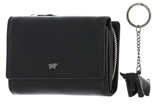 BRAUN BÜFFEL Damen Geldbörse Safari - mit Reißverschluss - aus echtem Leder (schwarz, Medium, mit Schlüsselanhänger)