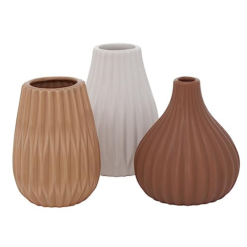 Blumenvase aus Keramik im 3er Set Mattes Design Mehrfarbig Höhe 14 cm Tischdekoration Moderne Vase Tischvase - Weiß Braun