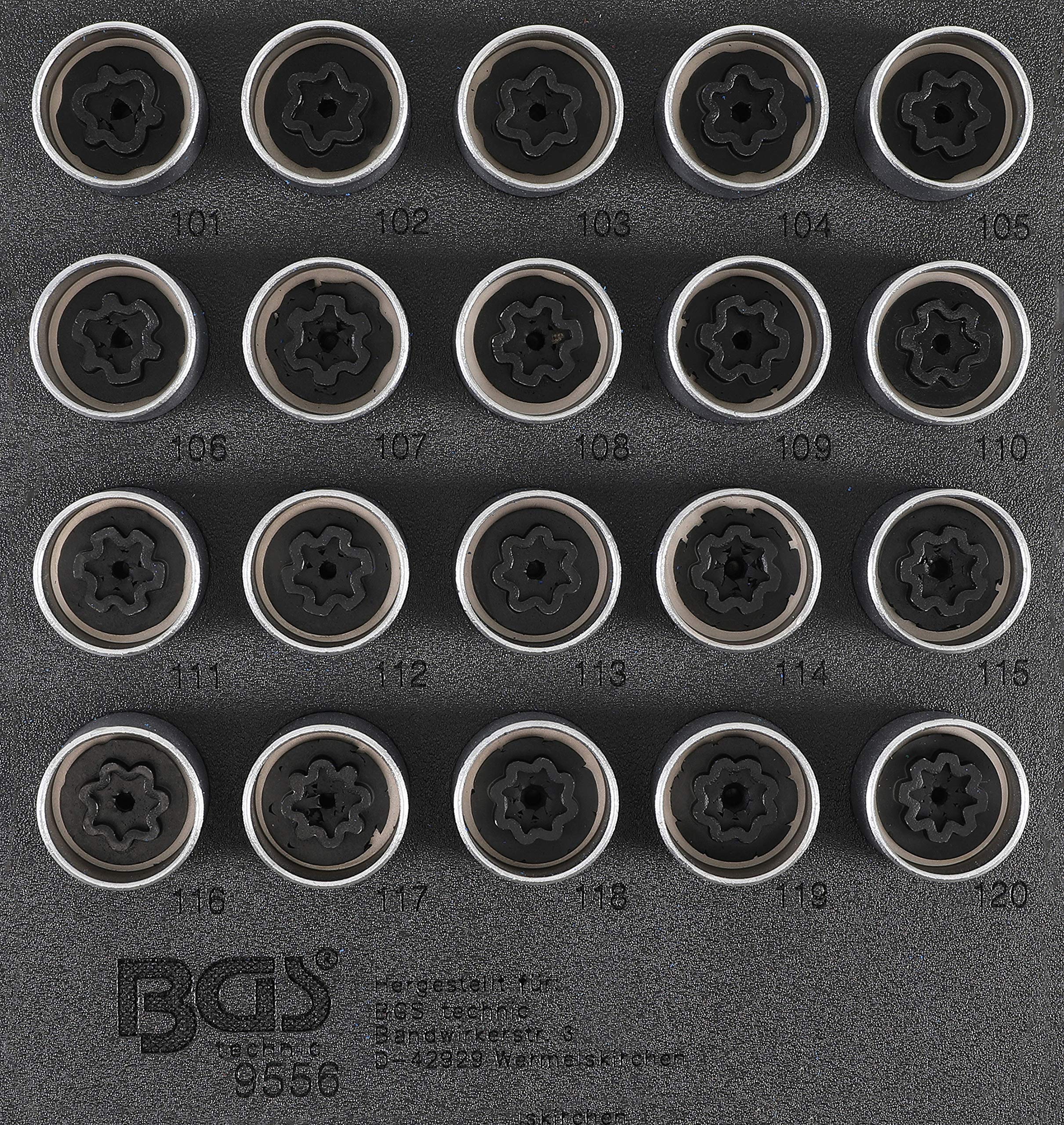 BGS 9556 | Werkstattwageneinlage 1/6: Felgenschloss-Werkzeug-Satz für Opel (Typ A) | 20-tlg.