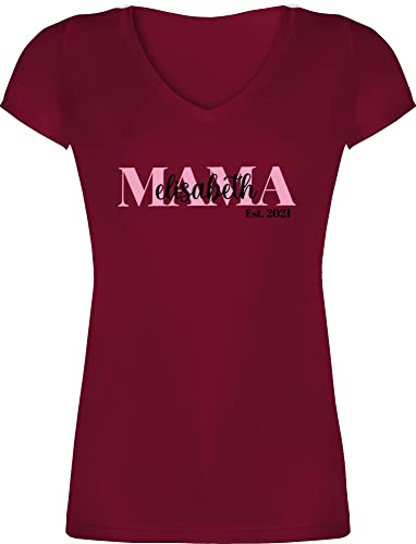 T-Shirt Damen V Ausschnitt personalisiert mit Namen - Muttertag - Mama Schriftzug Name Datum - L - Bordeauxrot - muttertagsgeschenke e sgeschenke Geschenk Mutti gschnk sprüch für BST s - XO1525