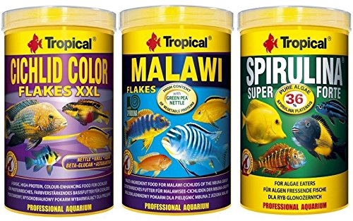 Tropical 1 Liter Spirulina Forte 36% + 1 Liter Malawi Flocken + 1 Liter Cichlid Color Flakes 3 er Set Fischfutter