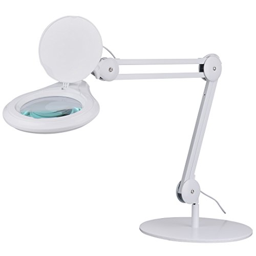 SEMPLIX LED Tischleuchte, 60 weiße LEDs, weiß, Große Echtglas Lupe (Ø 127 mm, 3 Dioptrien), Tischlampe mit flexibel verstellbarem Schwenkarm, 4-fach Dimmbar, Nählampe, Leselampe, Kosmetiklampe