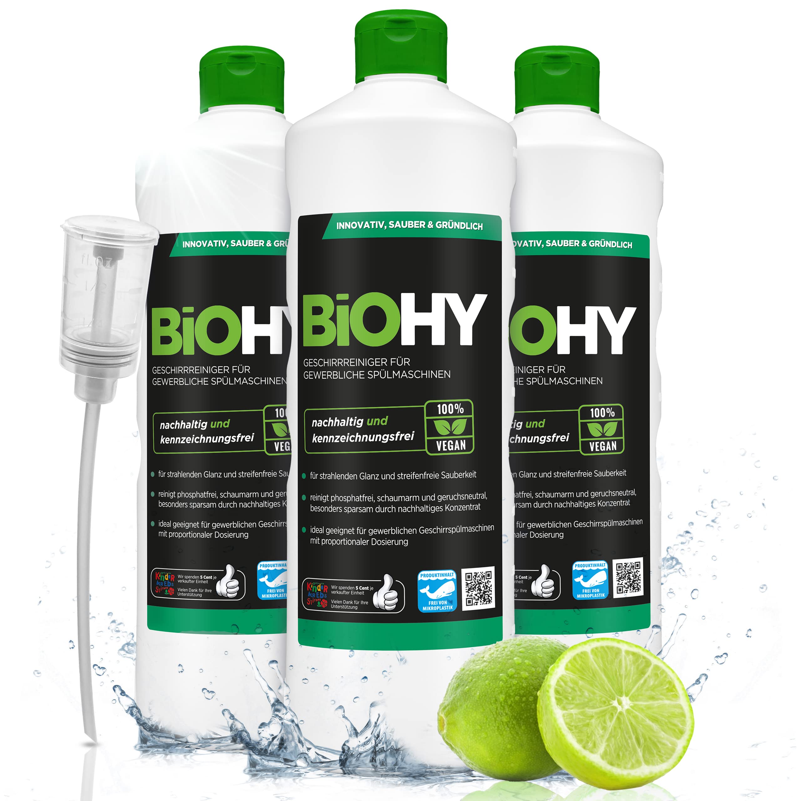 BiOHY Geschirrreiniger für gewerbliche Spülmaschinen (3 x 1 Liter) + Dosierer | Maschinenspülmittel für Geschirr |ergiebig, flüssig & phosphatfrei | für Gastro & Gewerbe | Spülmaschinenreiniger