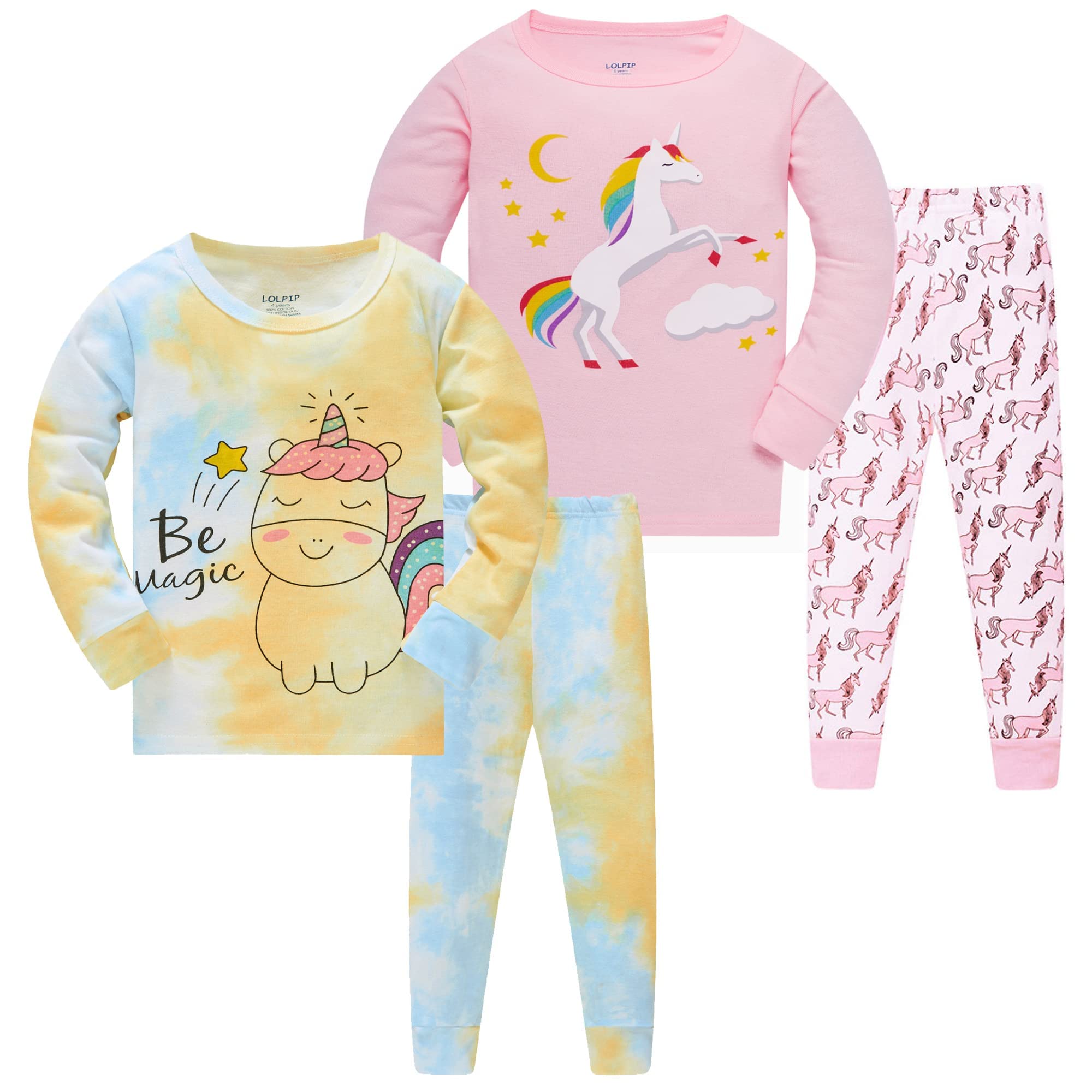 LOLPIP Mädchen Schlafanzug Tie Dye Bedruckte Nachtwäsche 100% Baumwolle Pyjamas für Kinder Einhorn Schlafkleidung Langarm 4 Stück Set 2-3 Jahre