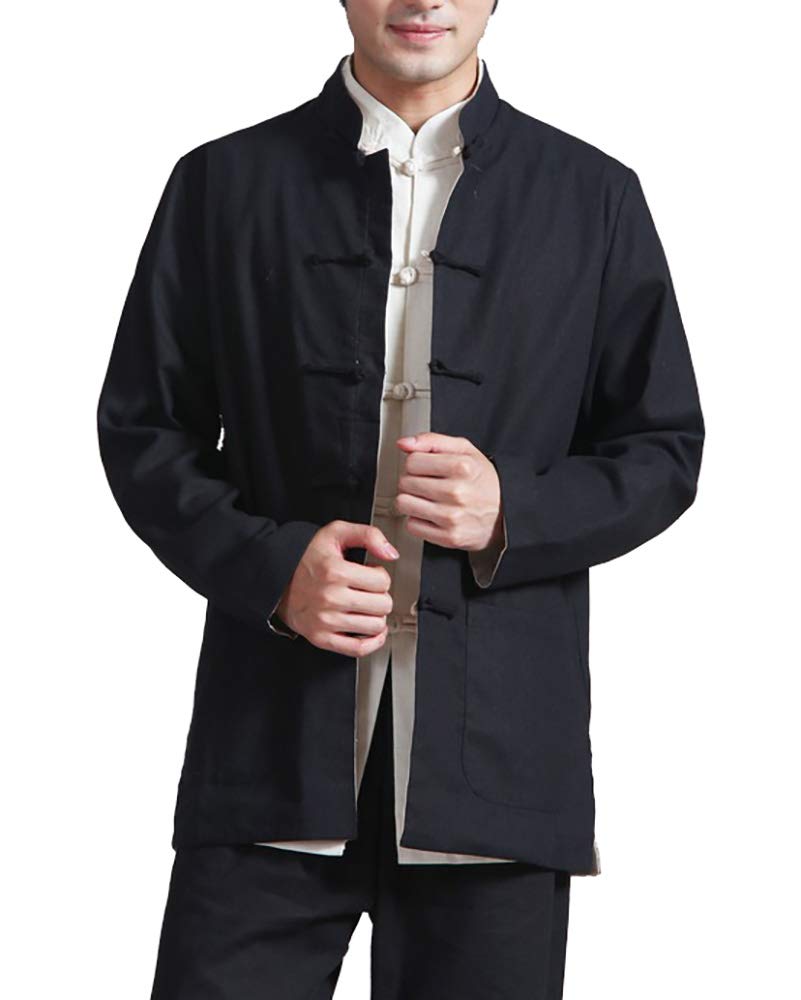 Herren Reversibel Beide Seiten Mantel Jacke Tang-Anzug Chinesisch Traditionell Lange Ärmel Kampfkunst Kung FU Hemd Leinen Damen (Schwarz, 5XL)