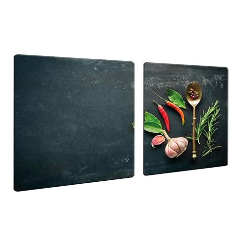 DAMU Herdabdeckplatten 2 x 40 x 52 cm Ceranfeldabdeckung Schutz Herdblende 80x52 2teilig Glas Spritzschutz Abdeckplatte Glasplatte Herd Ceranfeld Abdeckung Schneidebrett Gewürze Chilli Schwarz