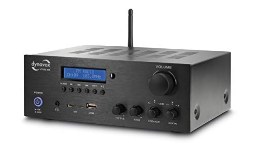 Dynavox Stereo Kompakt-Verstärker VT-80 MK, 4 schraubbare Lautsprecher-Anschlüsse, Fernbedienung für Digital-Eingänge (USB, SD-Card), integrierte BT-Antenne und FM-Radio, schwarz