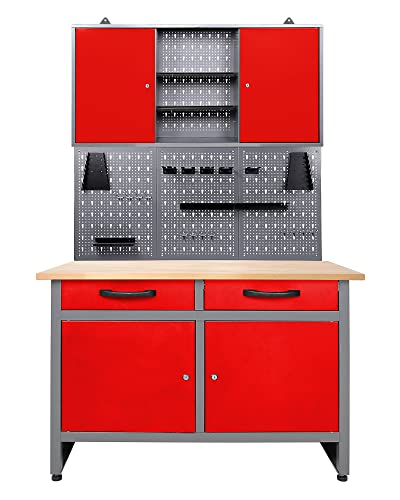 Ondis24 Werkstatteinrichtung rot 3 teilig Werkstatt Werkbank Werzeugschrank Eurolochung Arbeitshöhe 85 cm (Arbeitshöhe 95 cm)