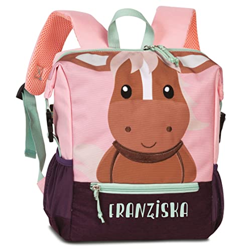 minimutz Personalisierter Kindergarten-Rucksack Pferd mit Name | Kleiner Rucksack Kinder Freizeitrucksack aus recyceltem Material Tiermotiv Mädchen Jungen