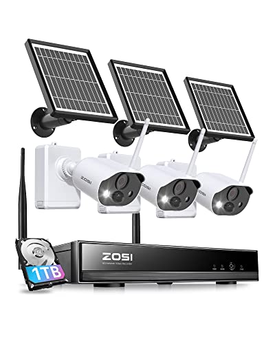 ZOSI 3MP Drahtlos Überwachungskamera Set mit Solarpanel, 3X WLAN Aussen Batteriekameras mit 8CH 1TB NVR, PIR-Bewegungsmelder, 2-Wege-Audio, Ton- und Lichtalarm, Farbige Nachtsicht, C306 Pro