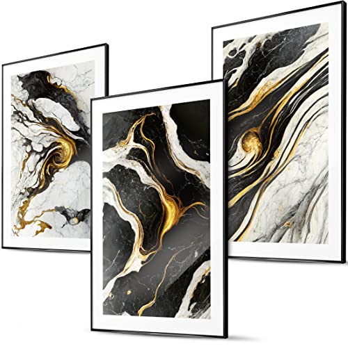 BLCKART Marmor Gold Große Wandbilder Wohnzimmer - 3x 50x70cm - Abstrakte Schwarz Weiß Gold Bilder Schlafzimmer Deko XL Poster Set Groß Ungerahmt