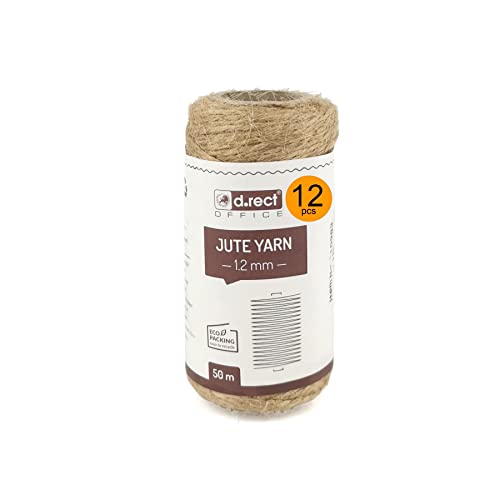 D.RECT 50m Jute-Schnur - 12 Stück | Natur Braun Jute-Kordel | Packschnur Geschenk-Band Bastelschnur Dekokordel | 1,2mm Dicke | Für: Verpackung, DIY Kunst-Handwerk, Floristik, Dekoration