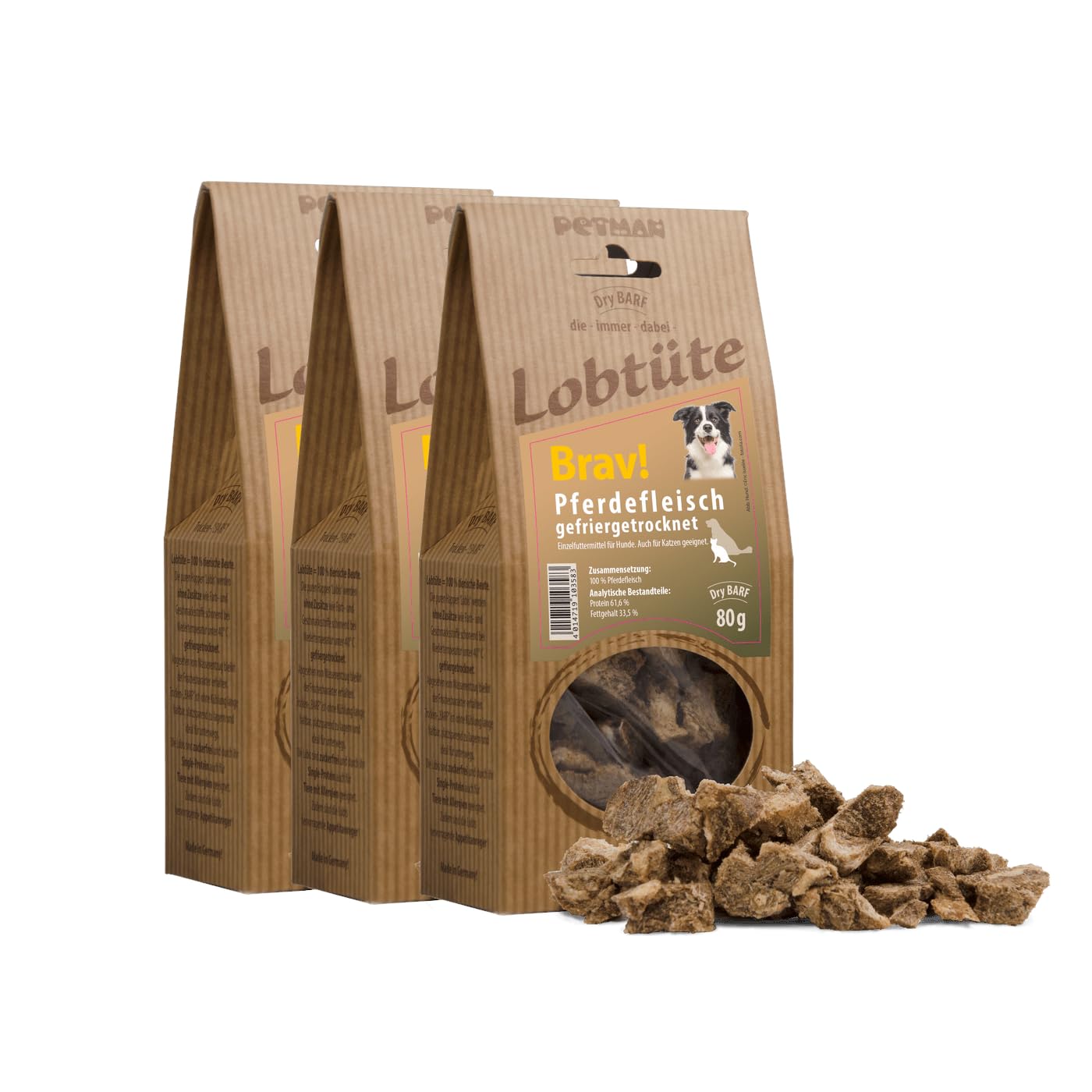 PETMAN Lobtüte BRAV! Pferdefleisch 3x80g – Hundefutter Snack - Proteinreiches Einzelfuttermittel für Hunde und Katzen, Barf-geeignet - Made in Germany