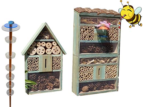 Gartendeko-Stecker mit Lichteffekt, Sonnenfänger als funktionale Bienentränke + 2X BIENENHAUS Insektenhaus,XXL Bienenstock & BienenfutterstationHolz blau lasiert