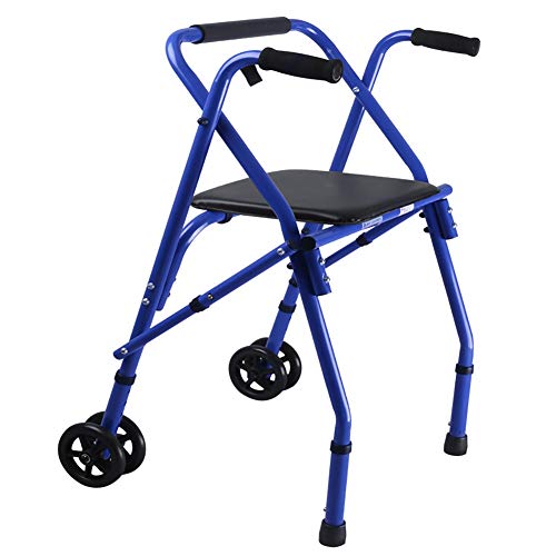 Blauer, zusammenklappbarer Rollator für ältere Menschen, mit Sitz und 2 Rädern, leichter Schritthilfe aus Aluminium für Erwachsene, höhenverstellbarer aufrechter Rollator